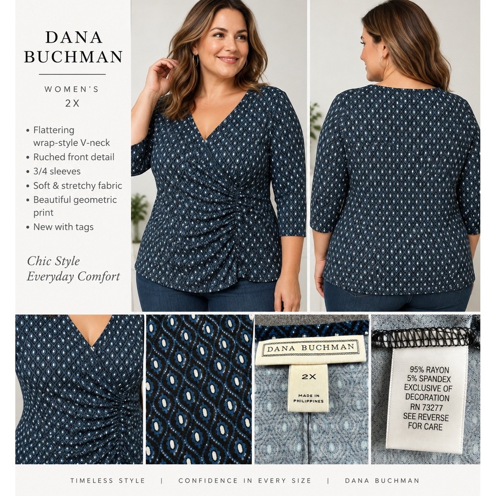 Dana Buchman Womens 2X Blue Geometric Ruched Wrap V-Neck 3/4 Sleeve Top NWT